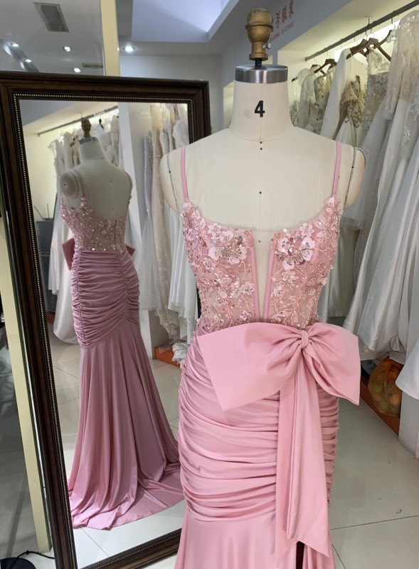 New America wholesale pink party breathable bow ruffle elegant night dress for ladies prom young girl 2025