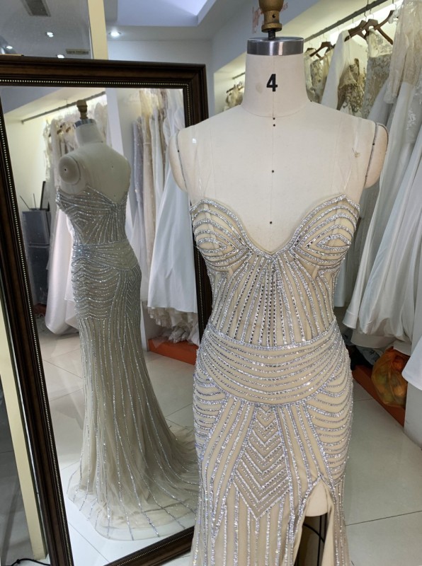 2025 New fashion chic design champagne crystal embellished gown corset strapless high slit evening dress prom mermaid dress