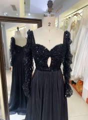 2025 evening dresses Black Long Sleeve Prom Dresses Satin A line Elegant Formal Long Dresses For Women