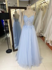 2025 Latest custom luxury teal blue three-dimensional embroidered flower lace A-Line skirt glitter fabric evening prom dress