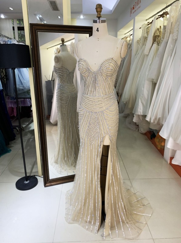 2025 New fashion chic design champagne crystal embellished gown corset strapless high slit evening dress prom mermaid dress