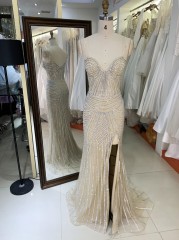 2025 New fashion chic design champagne crystal embellished gown corset strapless high slit evening dress prom mermaid dress