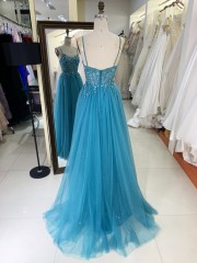 2025 Latest custom luxury teal blue three-dimensional embroidered flower lace A-Line skirt glitter fabric evening prom dress