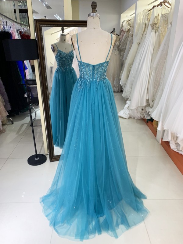 2025 Latest custom luxury teal blue three-dimensional embroidered flower lace A-Line skirt glitter fabric evening prom dress