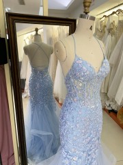 2025 Latest chic light blue sexy sleeveless ruffle mermaid evening dress embroidered lace up back new design prom dress