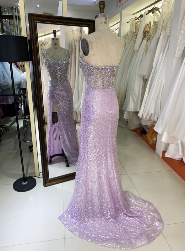 2025 Wholesale lilac emerald champagne fuchsia heavy Beading sweetheart corset Women prom Evening Dresses With High Slit