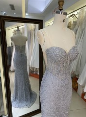 2025 New fashion design luxury silver crystal embellished rhinestones gown female corset lace up back mermaid prom dress