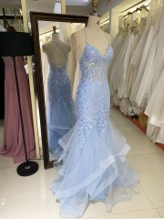 2025 Latest chic light blue sexy sleeveless ruffle mermaid evening dress embroidered lace up back new design prom dress