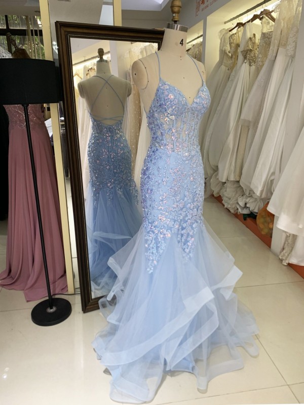 2025 Latest chic light blue sexy sleeveless ruffle mermaid evening dress embroidered lace up back new design prom dress