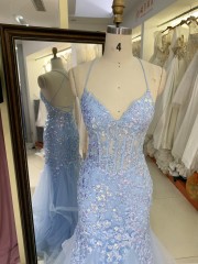 2025 Latest chic light blue sexy sleeveless ruffle mermaid evening dress embroidered lace up back new design prom dress