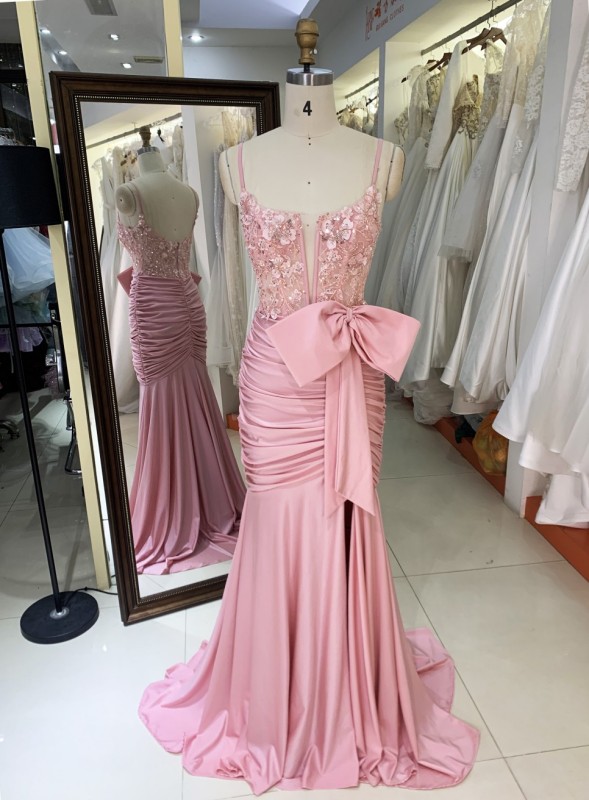 New America wholesale pink party breathable bow ruffle elegant night dress for ladies prom young girl 2025