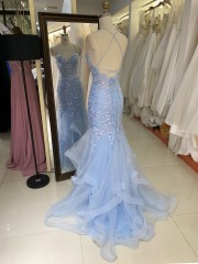 2025 Latest chic light blue sexy sleeveless ruffle mermaid evening dress embroidered lace up back new design prom dress