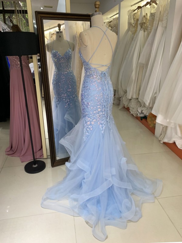 2025 Latest chic light blue sexy sleeveless ruffle mermaid evening dress embroidered lace up back new design prom dress