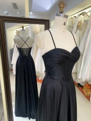 2025 Latest custom black prom dress sexy sleeveless slim pleated A-Line skirt lace up back boning design prom dress
