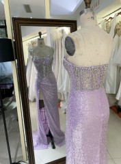 2025 Wholesale lilac emerald champagne fuchsia heavy Beading sweetheart corset Women prom Evening Dresses With High Slit