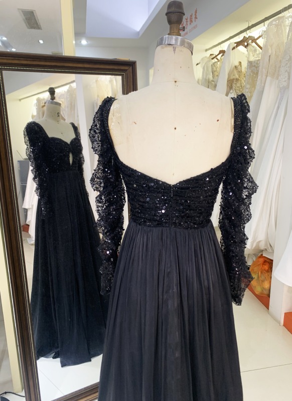 2025 evening dresses Black Long Sleeve Prom Dresses Satin A line Elegant Formal Long Dresses For Women