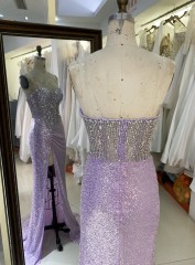 2025 Wholesale lilac emerald champagne fuchsia heavy Beading sweetheart corset Women prom Evening Dresses With High Slit
