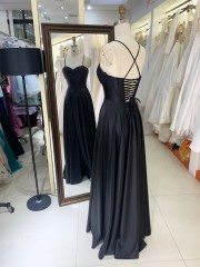 2025 Latest custom black prom dress sexy sleeveless slim pleated A-Line skirt lace up back boning design prom dress
