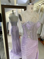 2025 Wholesale lilac emerald champagne fuchsia heavy Beading sweetheart corset Women prom Evening Dresses With High Slit