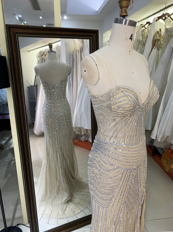 2025 New fashion chic design champagne crystal embellished gown corset strapless high slit evening dress prom mermaid dress