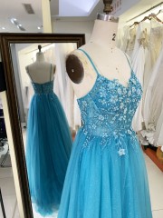 2025 Latest custom luxury teal blue three-dimensional embroidered flower lace A-Line skirt glitter fabric evening prom dress
