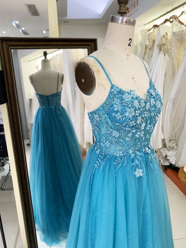 2025 Latest custom luxury teal blue three-dimensional embroidered flower lace A-Line skirt glitter fabric evening prom dress