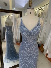 2025 New fashion design luxury smoky blue crystal embellished gown female shoulder straps corset mermaid prom dress