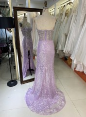 2025 Wholesale lilac emerald champagne fuchsia heavy Beading sweetheart corset Women prom Evening Dresses With High Slit