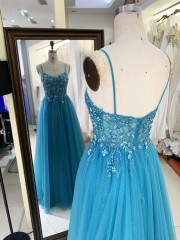 2025 Latest custom luxury teal blue three-dimensional embroidered flower lace A-Line skirt glitter fabric evening prom dress