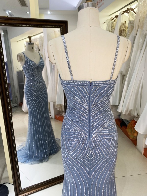 2025 New fashion design luxury smoky blue crystal embellished gown female shoulder straps corset mermaid prom dress