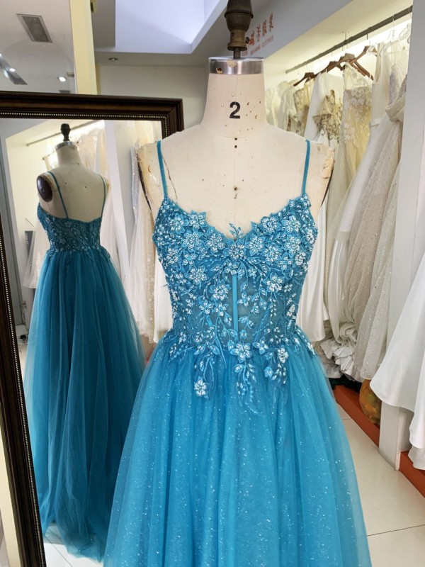 2025 Latest custom luxury teal blue three-dimensional embroidered flower lace A-Line skirt glitter fabric evening prom dress