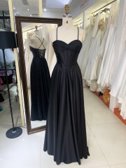 2025 Latest custom black prom dress sexy sleeveless slim pleated A-Line skirt lace up back boning design prom dress