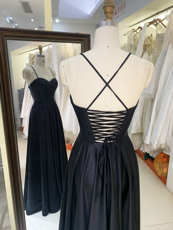 2025 Latest custom black prom dress sexy sleeveless slim pleated A-Line skirt lace up back boning design prom dress