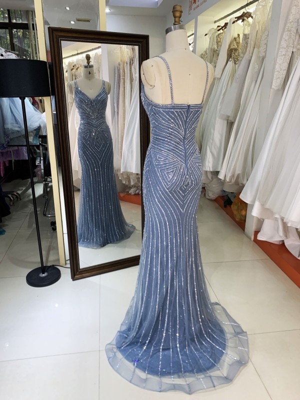 2025 New fashion design luxury smoky blue crystal embellished gown female shoulder straps corset mermaid prom dress