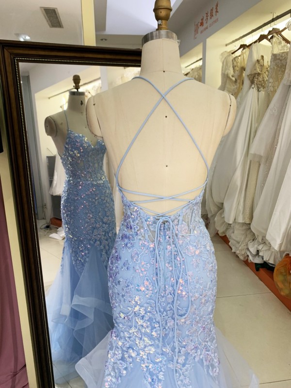 2025 Latest chic light blue sexy sleeveless ruffle mermaid evening dress embroidered lace up back new design prom dress