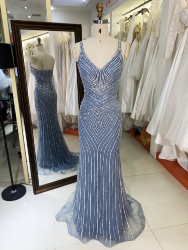 2025 New fashion design luxury smoky blue crystal embellished gown female shoulder straps corset mermaid prom dress
