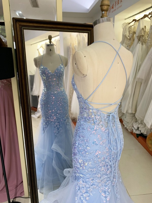 2025 Latest chic light blue sexy sleeveless ruffle mermaid evening dress embroidered lace up back new design prom dress