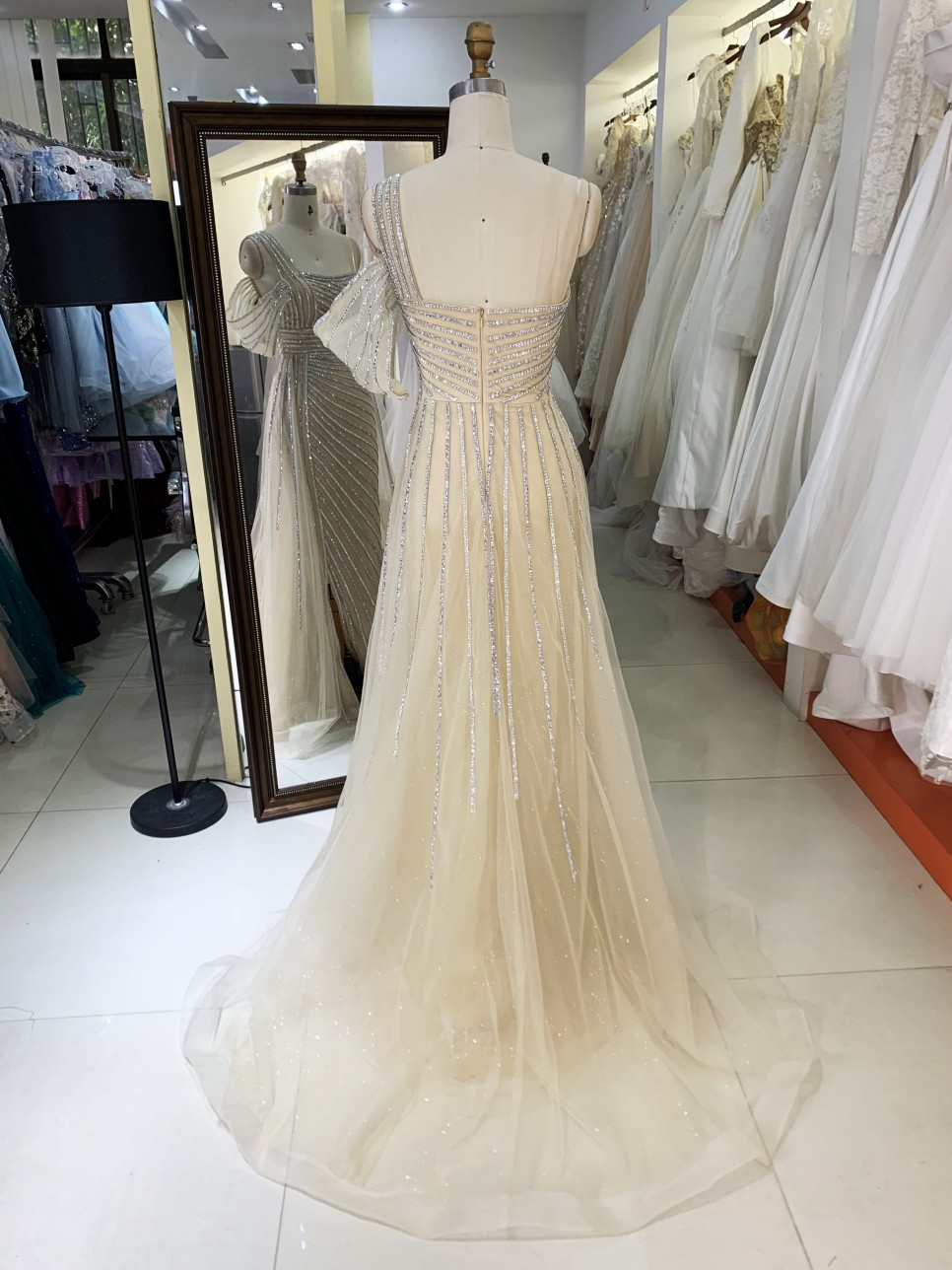 New America wholesale party breathable one shoulder beading chain long evening custom crystal embellished gown prom dress 2025