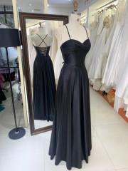 2025 Latest custom black prom dress sexy sleeveless slim pleated A-Line skirt lace up back boning design prom dress
