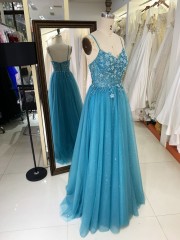 2025 Latest custom luxury teal blue three-dimensional embroidered flower lace A-Line skirt glitter fabric evening prom dress