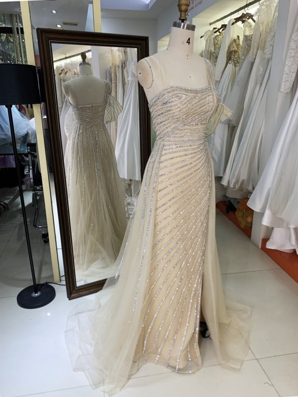 New America wholesale party breathable one shoulder beading chain long evening custom crystal embellished gown prom dress 2025