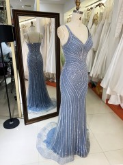 2025 New fashion design luxury smoky blue crystal embellished gown female shoulder straps corset mermaid prom dress