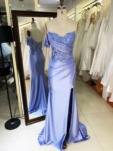 Manufacturer Wholesale dusty blue silver embroidery corset mermaid fitted strapless satin lace prom dresses