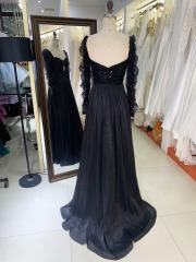 2025 evening dresses Black Long Sleeve Prom Dresses Satin A line Elegant Formal Long Dresses For Women