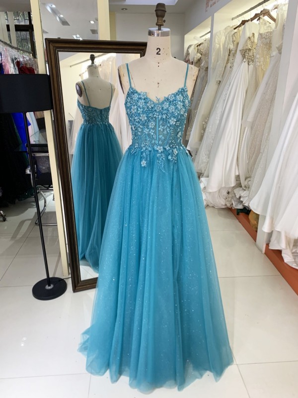 2025 Latest custom luxury teal blue three-dimensional embroidered flower lace A-Line skirt glitter fabric evening prom dress