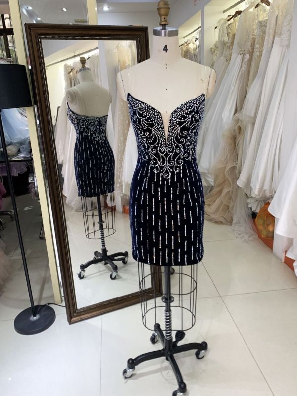 2025 New custom sexy red crystal hot fixed stone deep V-neck mini tight skirt women's sleeveless backless slim homecoming dress