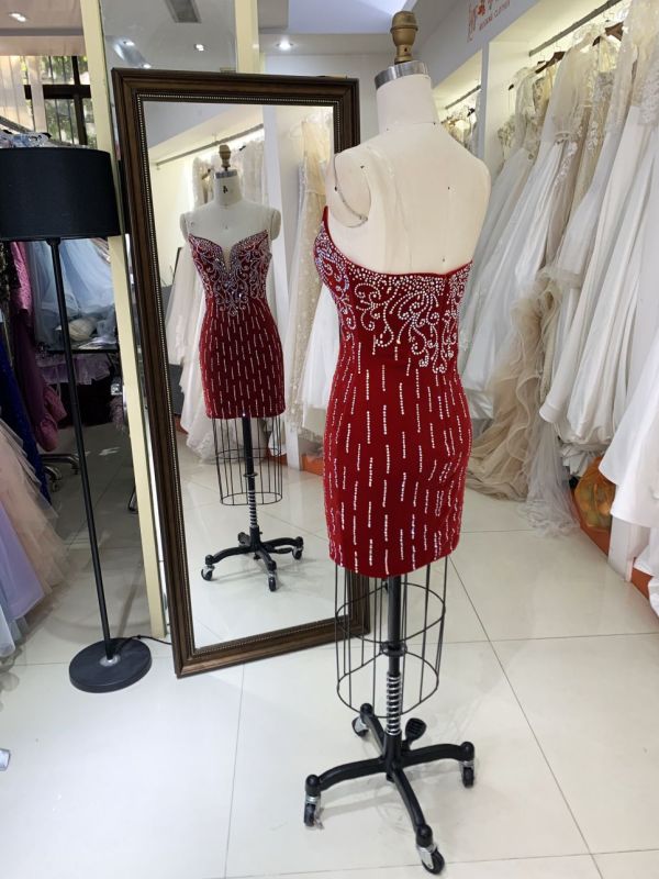 2025 New custom sexy red crystal hot fixed stone deep V-neck mini tight skirt women's sleeveless backless slim homecoming dress