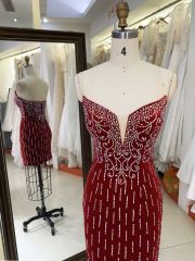 2025 New custom sexy red crystal hot fixed stone deep V-neck mini tight skirt women's sleeveless backless slim homecoming dress