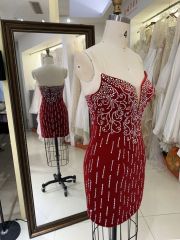 2025 New custom sexy red crystal hot fixed stone deep V-neck mini tight skirt women's sleeveless backless slim homecoming dress