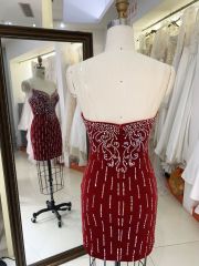 2025 New custom sexy red crystal hot fixed stone deep V-neck mini tight skirt women's sleeveless backless slim homecoming dress